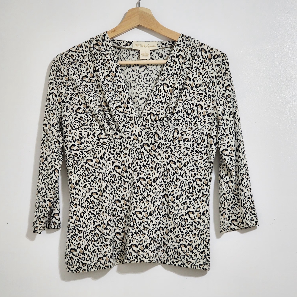 Parisian Signature Silk & Cotton Blend  Blouse Size S Leopard Print Y2K Elegant